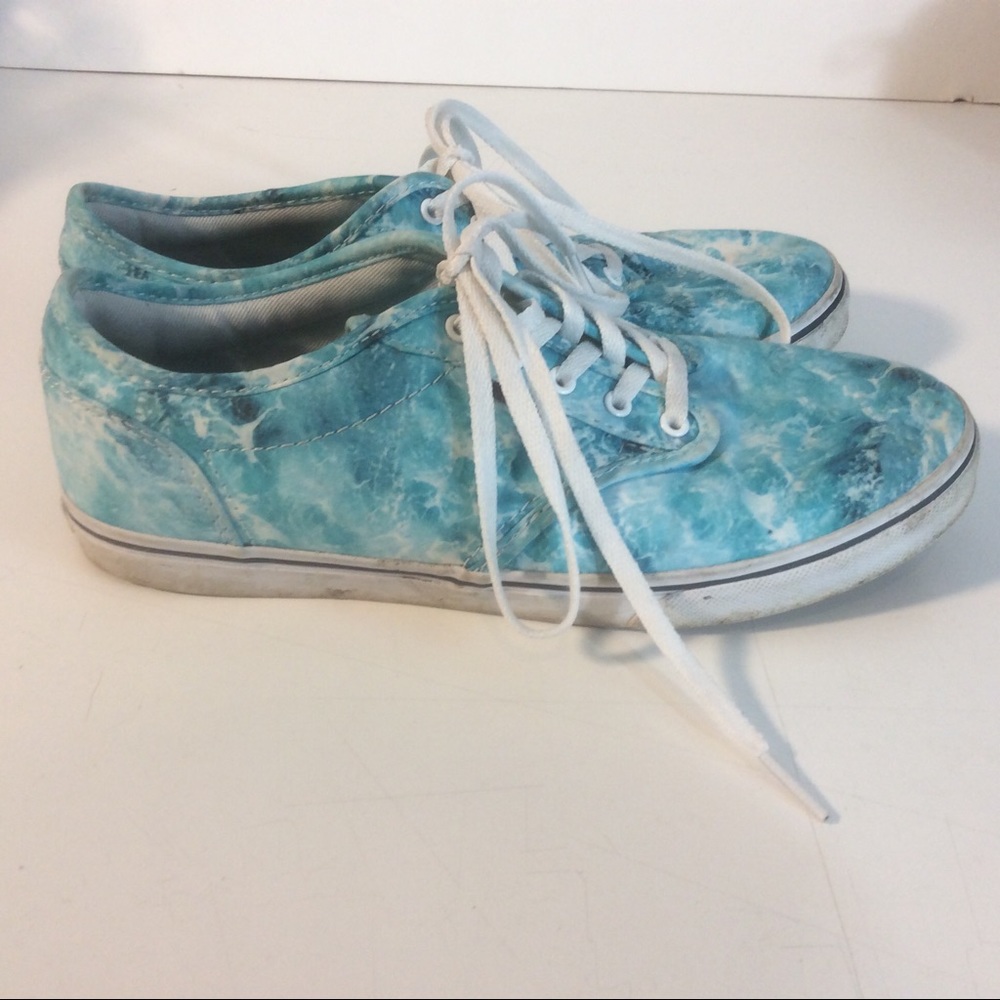 VANS Watercolor Blue Green White Print Canvas Sneakers Lace Up Casual Shoes